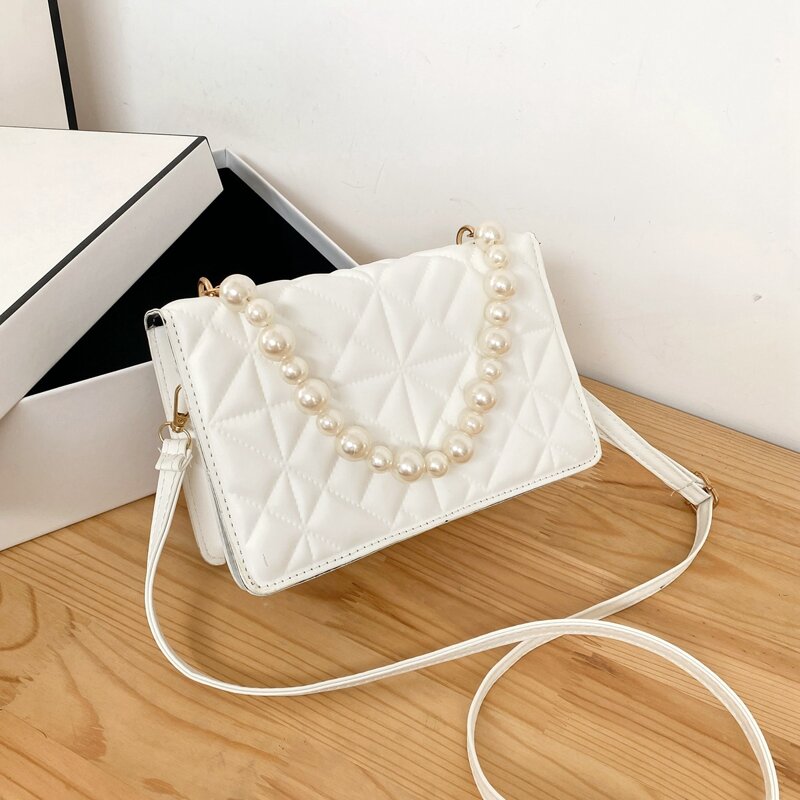 

Faux Pearl Beaded Satchel Bag, White