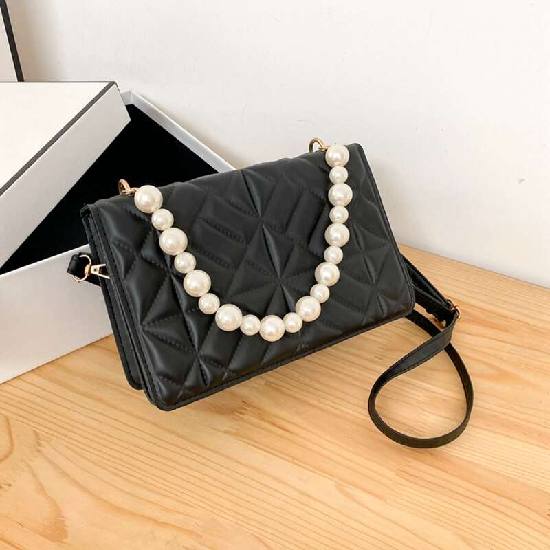 

Faux Pearl Beaded Satchel Bag, Black