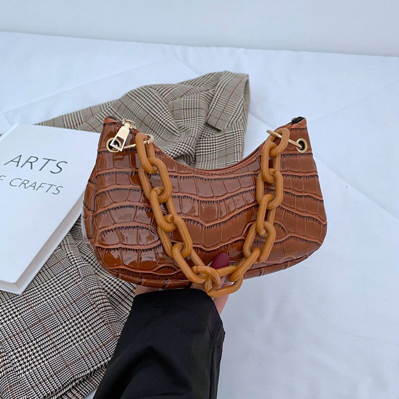 

Minimalist Croc Embossed Satchel Bag, Brown