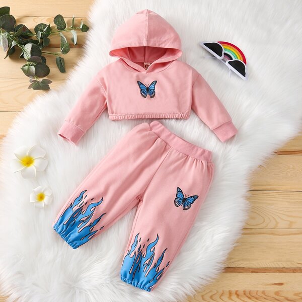 

Baby Butterfly Print Hoodie & Fire Print Sweatpants, Baby pink