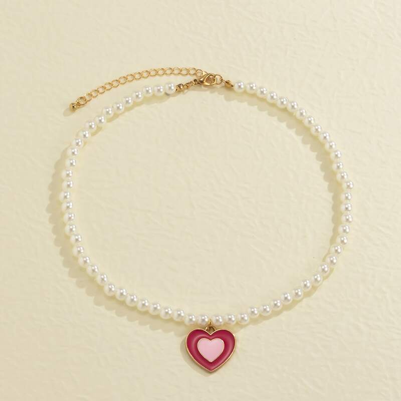 

Heart Decor Beaded Necklace, Hot pink