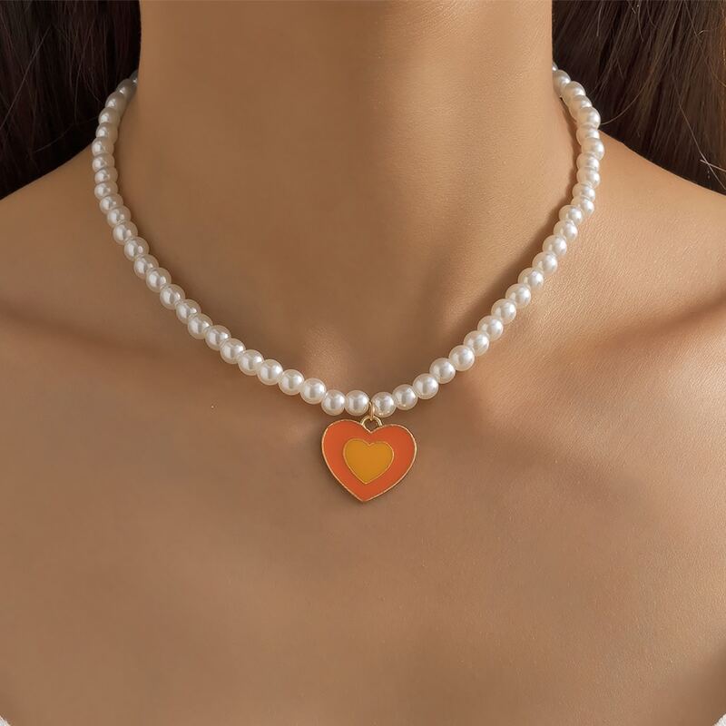 

Heart Decor Beaded Necklace, Orange
