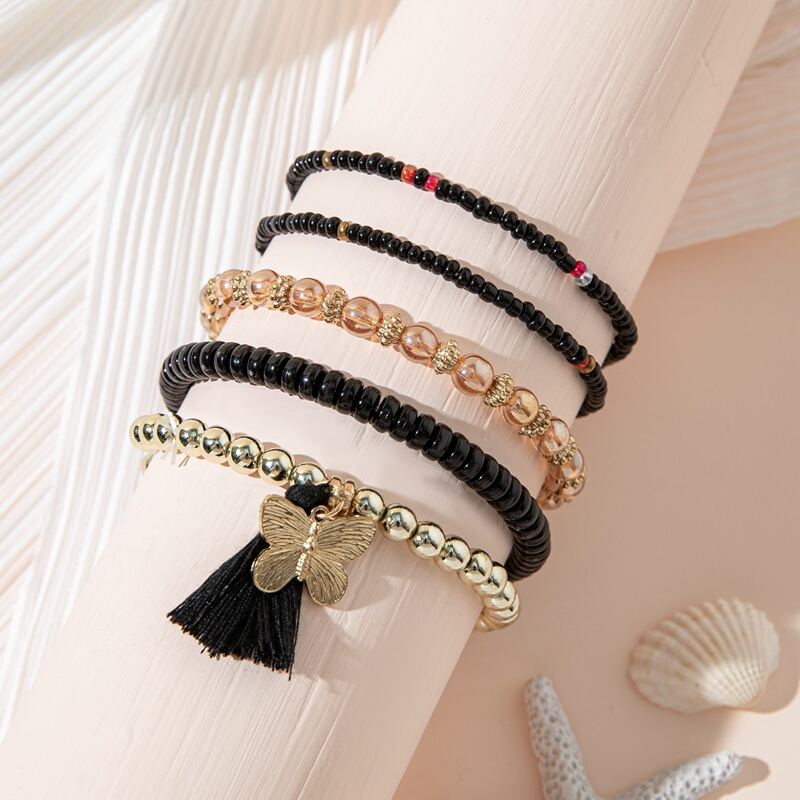 

5pcs Butterfly Decor Beaded Bracelet, Multicolor