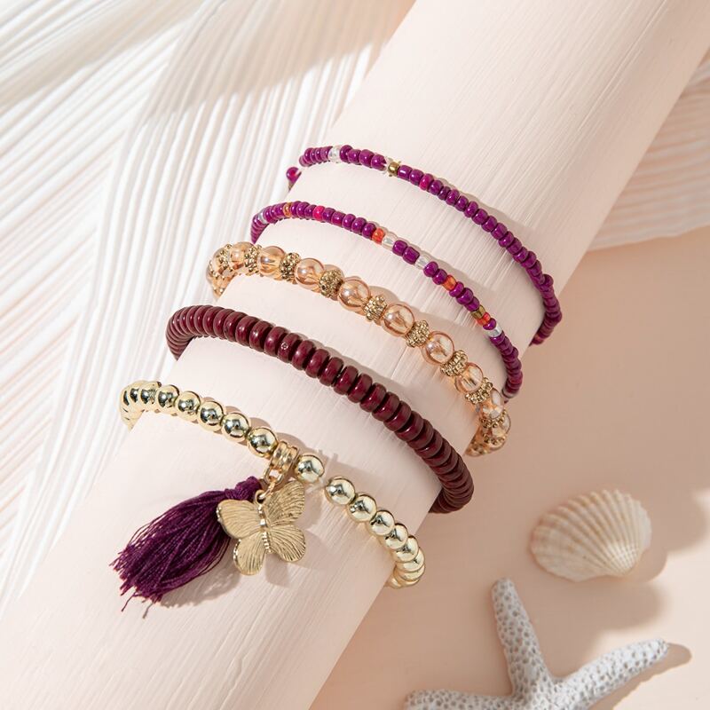 

5pcs Butterfly Decor Beaded Bracelet, Multicolor
