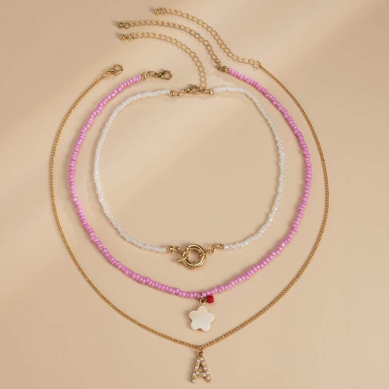 

3pcs Floral Decor Beaded Necklace, Gold