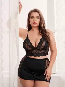 2pcs Plus Size Lace Splice Wireless Sexy Lingerie Set - Black - View 1