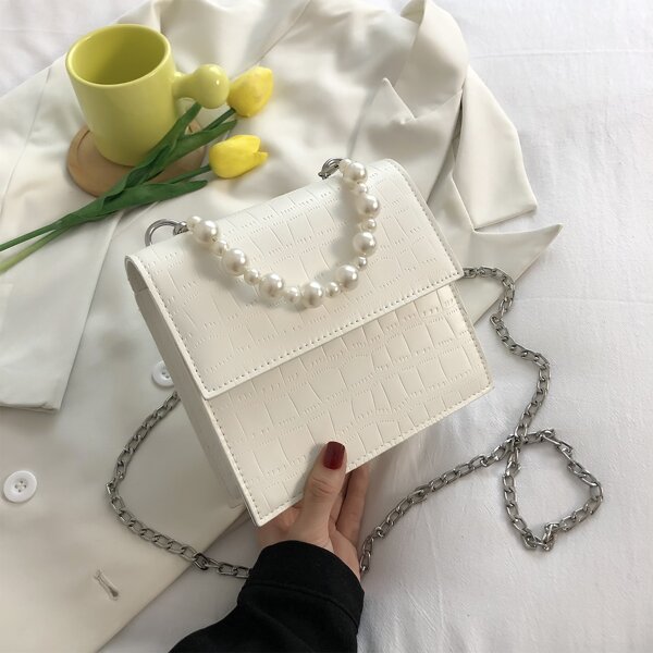 

Faux Pearl Decor Croc Embossed Flap Square Bag, White