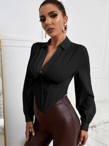 SHEIN Privé Áo sơ mi nữ Bất đối xứng màu trơn Thanh lịch - màu đen - Xem 4