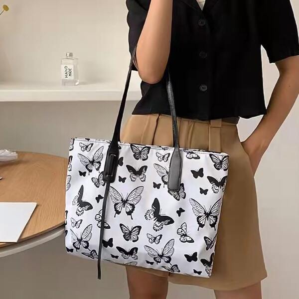 

Allover Butterfly Graphic Tote Bag, Black and white