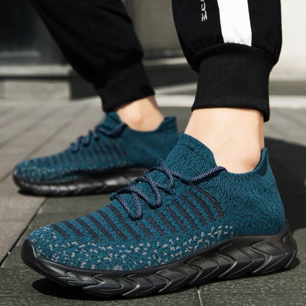 

Men Lace Up Decor Knit Sneakers, Blue