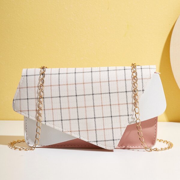 

Tartan Chain Irregular Flap Crossbody Bag, Multicolor