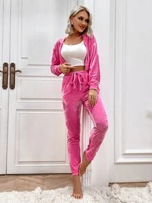 Eilly Bazar Moletom Curto com Capuz de Veludo com Fivela de Anel no Ombro e Zíper + Calça de Moletom com Cordão na Cintura - Rosa chiclete - Visão 3