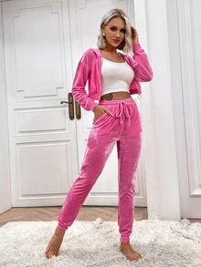 Eilly Bazar Moletom Curto com Capuz de Veludo com Fivela de Anel no Ombro e Zíper + Calça de Moletom com Cordão na Cintura - Rosa chiclete - Visão 6