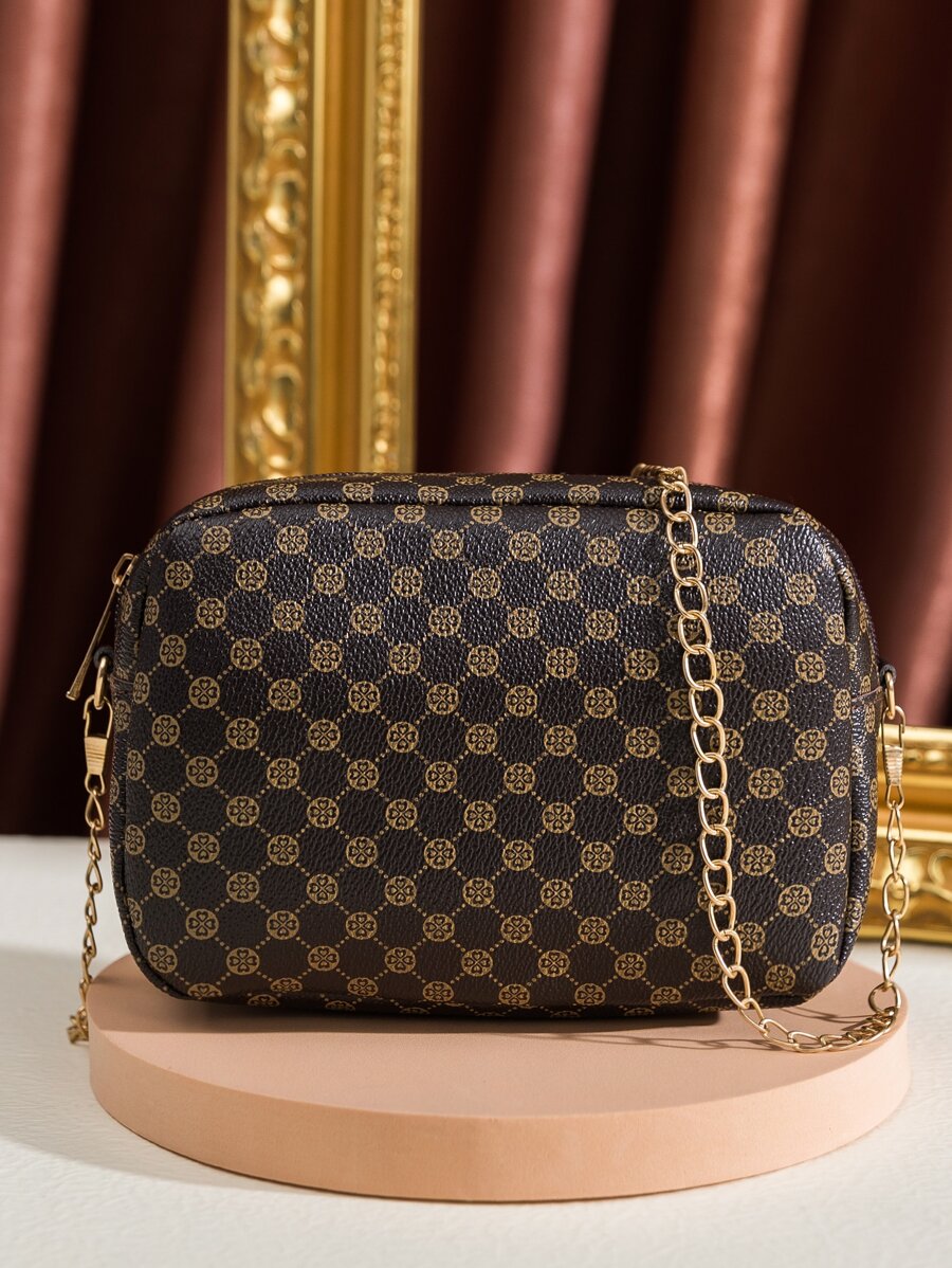 Mini Geo Graphic Chain Crossbody Bag - Brown - View 1