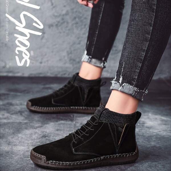 

Men Panel Design Lace-up Front Boots, Black