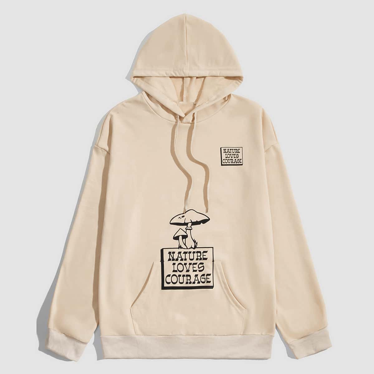 

Guys Letter Mushroom Graphic Pocket Drawstring Hoodie, Khaki