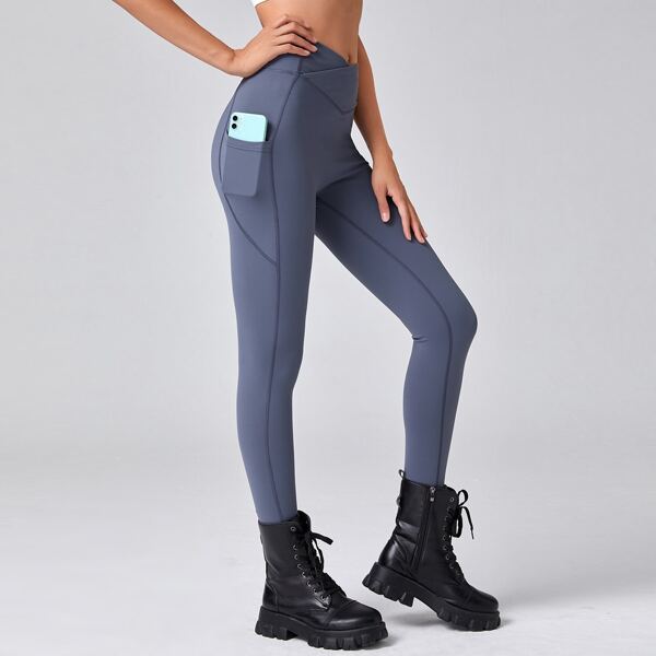 

Solid Stitch Sports Leggings With Phone Pocket, Dusty blue