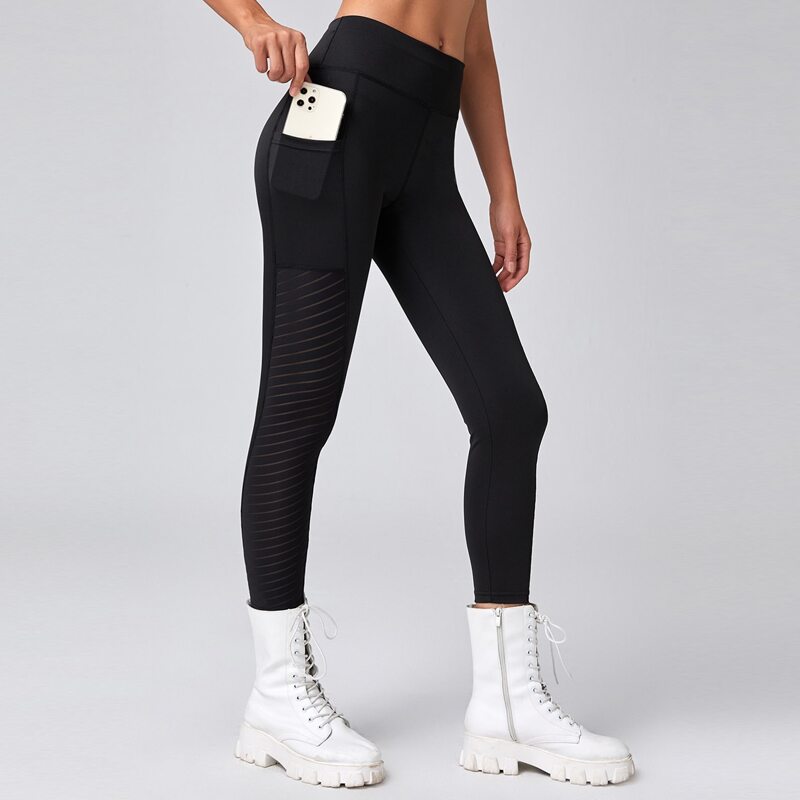 

Mesh Panel Sports Leggings & Phone Pocket, Black