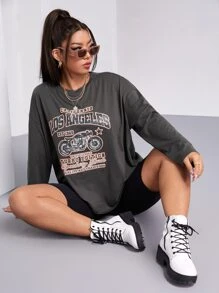 Flirla 大碼摩托車和標語印花圓領T恤 - 深灰色 - 查看 1