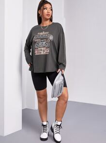 Flirla 大碼摩托車和標語印花圓領T恤 - 深灰色 - 查看 3