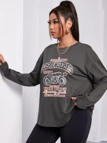 Flirla 大碼摩托車和標語印花圓領T恤 - 深灰色 - 查看 4