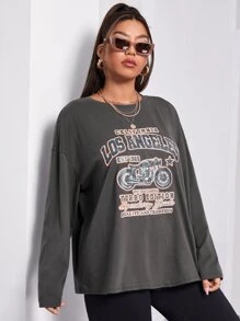 Flirla 大碼摩托車和標語印花圓領T恤 - 深灰色 - 查看 5