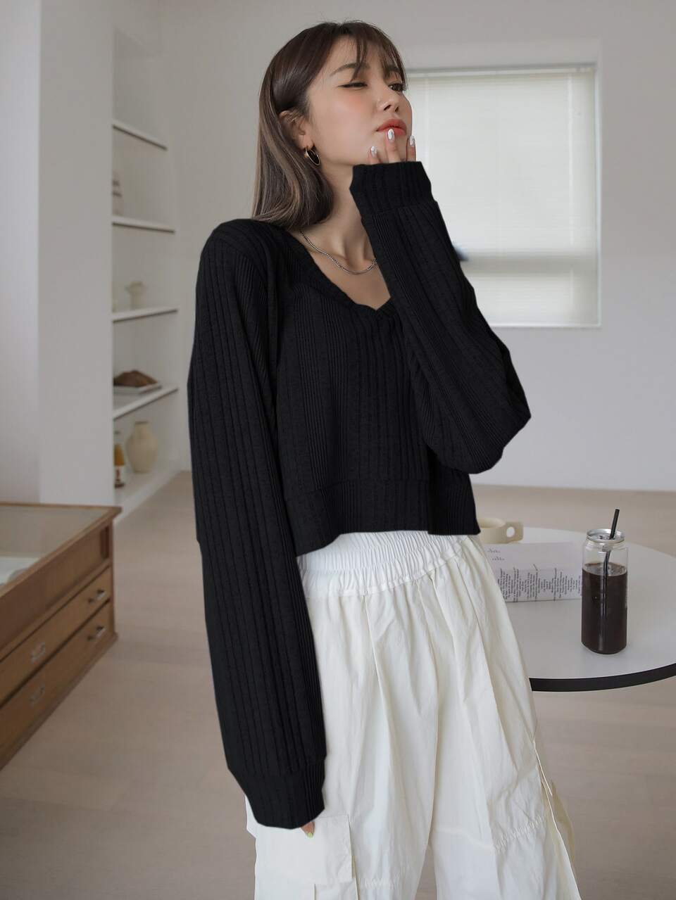 V Neck Solid Crop T-Shirt
