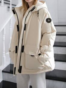 DAZY Letter Patched Flap Pocket Drawstring Hooded Padded Coat - Beige - View 7