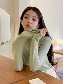 DAZY Áo len cơ bản cổ đứng - Màu xanh chanh - Xem 2