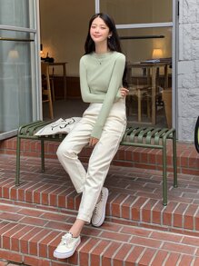 DAZY Áo len cơ bản cổ đứng - Màu xanh chanh - Xem 3