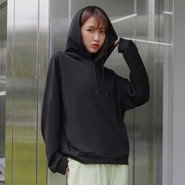 

Drop Shoulder Drawstring Hoodie, Black