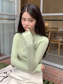 DAZY Áo len cơ bản cổ đứng - Màu xanh chanh - Xem 7