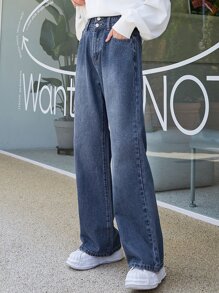 DAZY 斜口袋闊腿牛仔褲 - 深色水洗藍 - 查看 1