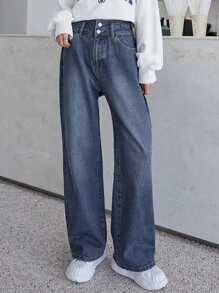 DAZY 斜口袋闊腿牛仔褲 - 深色水洗藍 - 查看 2