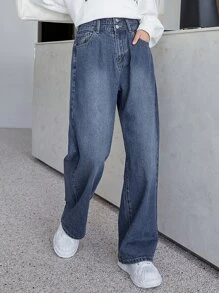 DAZY 斜口袋闊腿牛仔褲 - 深色水洗藍 - 查看 3