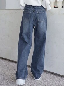 DAZY 斜口袋闊腿牛仔褲 - 深色水洗藍 - 查看 4