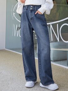 DAZY 斜口袋闊腿牛仔褲 - 深色水洗藍 - 查看 5