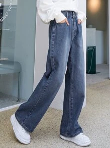 DAZY 斜口袋闊腿牛仔褲 - 深色水洗藍 - 查看 6