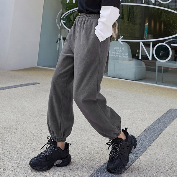 

High Waist Slant Pocket Teddy Pants, Dark grey