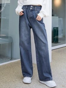 DAZY 斜口袋闊腿牛仔褲 - 深色水洗藍 - 查看 7