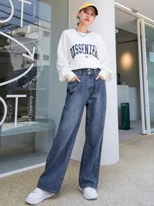 DAZY 斜口袋闊腿牛仔褲 - 深色水洗藍 - 查看 8