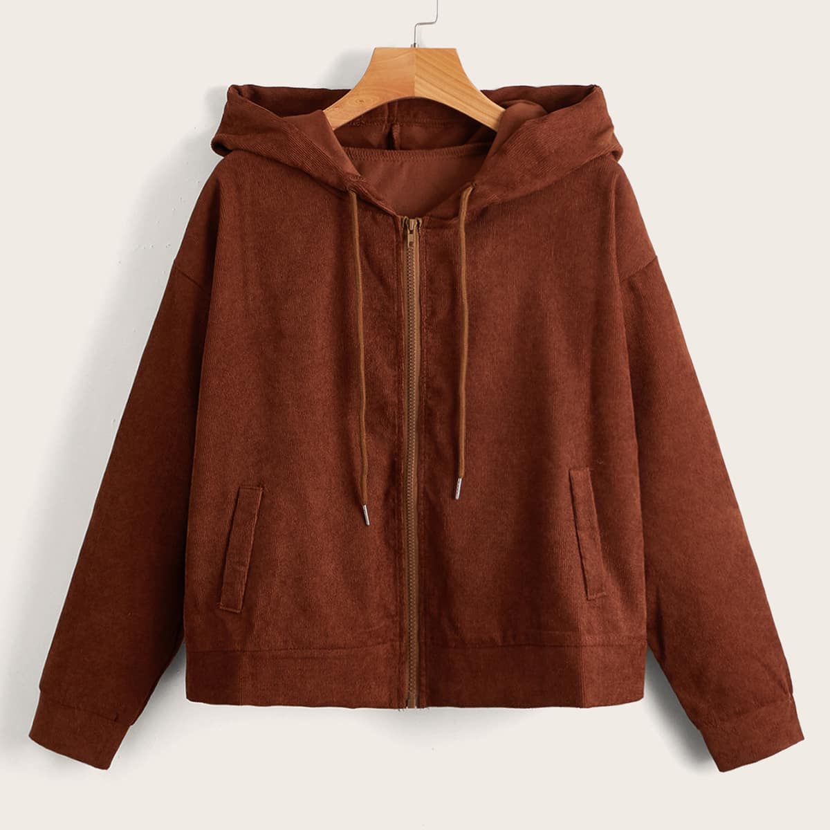 

Solid Zip Up Drawstring Pocket Jacket, Coffee brown