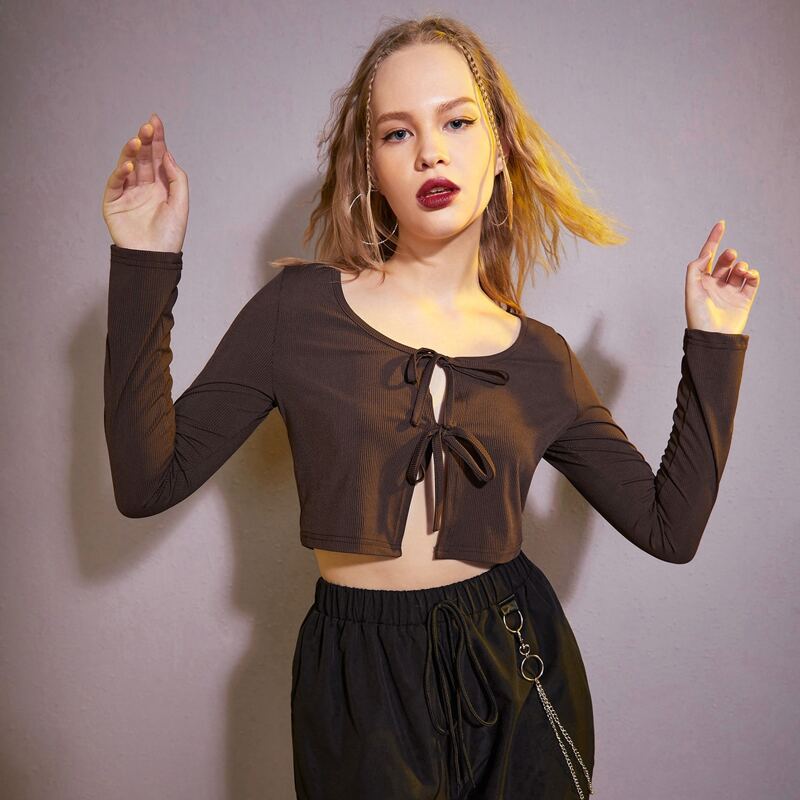 

Solid Tie Front Ribbed Crop Tee, Chocolate brown
