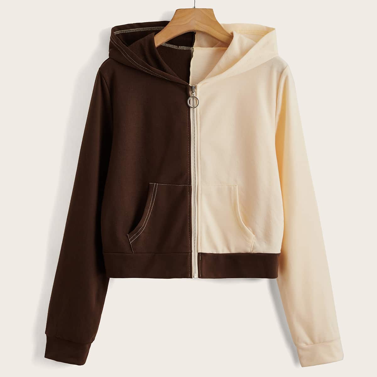 

Colorblock Zip Up Crop Hoodie, Multicolor