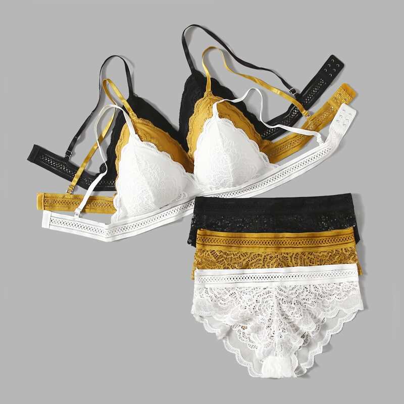 

3pack Scallop Trim Floral Lace Lingerie Set, Multicolor