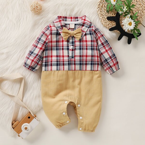 

Baby 2 In 1 Plaid Print Bow Neck Shirt Jumpsuit, Multicolor