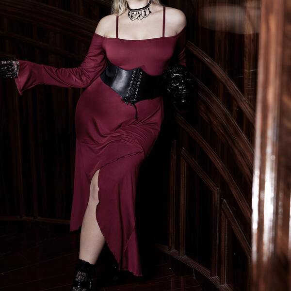 

Plus Solid Wrap Hem Flounce Sleeve Dress Without Corset, Burgundy