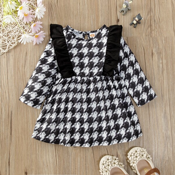 

Baby Houndstooth Cat Print Ruffle Trim Dress, Black and white