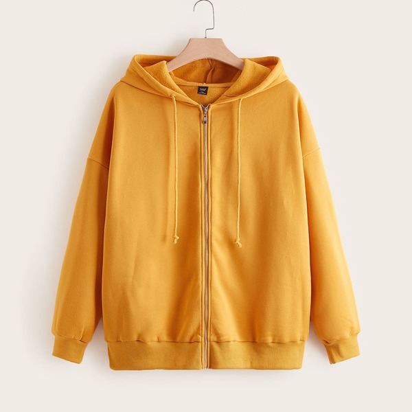 

Plus Drop Shoulder Zipper Drawstring Hoodie, Yellow