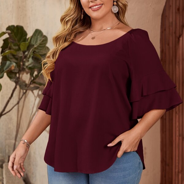 

Plus Flounce Sleeve Solid Blouse, Burgundy